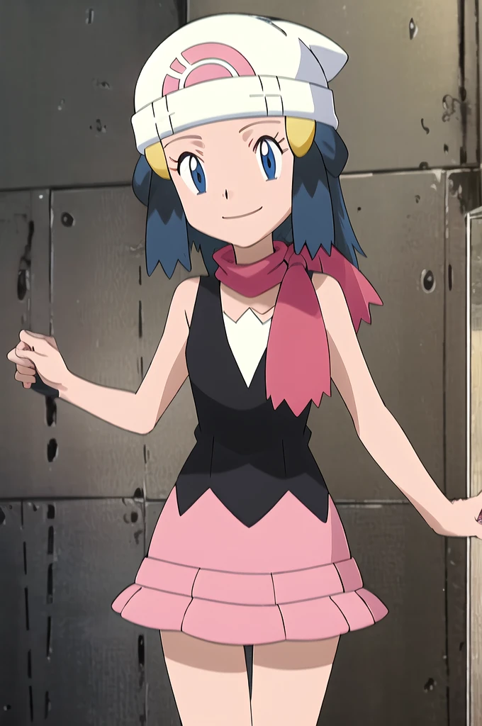 masterpiece, Highest quality, High resolution, One girl, alone, dawn (Pokemon), Pink scarf, Black Shirt, Pink Skirt, Have, Outdoor, Bare shoulders, smile