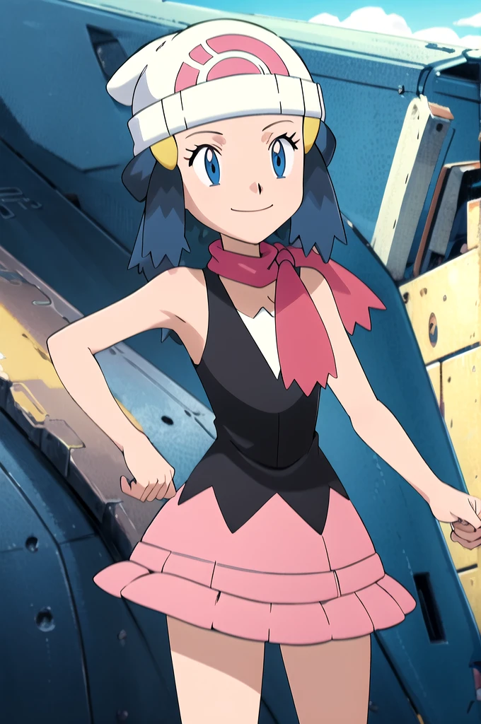 masterpiece, Highest quality, High resolution, One girl, alone, dawn (Pokemon), Pink scarf, Black Shirt, Pink Skirt, Have, Outdoor, Bare shoulders, smile