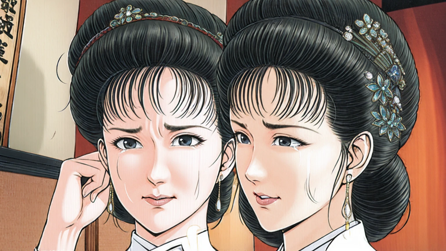 (best quality), (very aesthetic), (ultra-detailed), (best illustration),(a mature female),(perfect face),Suikoden,Mrs. Lin,(((NSFW))),((full_body)),((full_Nude)),(crying),red cheek,sweating,skinny,flushed skin,(Woman with pubic hair),(Lying face down on the bed),(Crying on the bed with her face buried in the pillow),traditional Chinese bedroom,front view