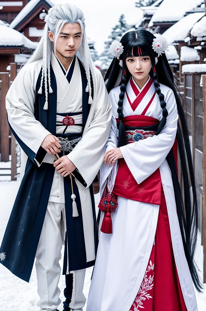 Kimetsu No Yaiba snow pillar woman with long white hair and pretty next to Rengoku kyojuro in love 