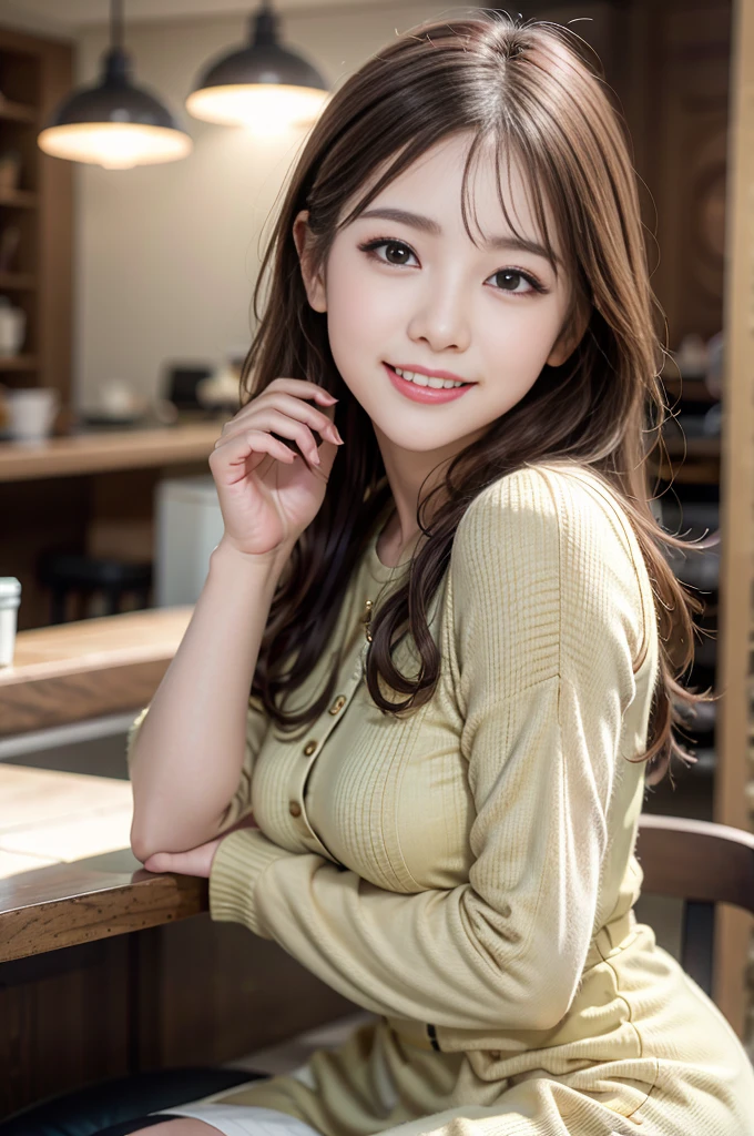 (8K, RAW Photos, Highest quality, masterpiece:1.3), (Realistic, photo-Realistic:1.4), (Highly detailed 8K wallpaper), Sharp focus, Written boundary depth,
Japanese Idols,very cute,(),Knit dress, Look at us and laugh, Highly detailed face and eyes,((Shiny skin:1.2)), Cinema Lighting, Soft Light, Blur the background, Bokeh,Cafe , Clean design, Beige shades