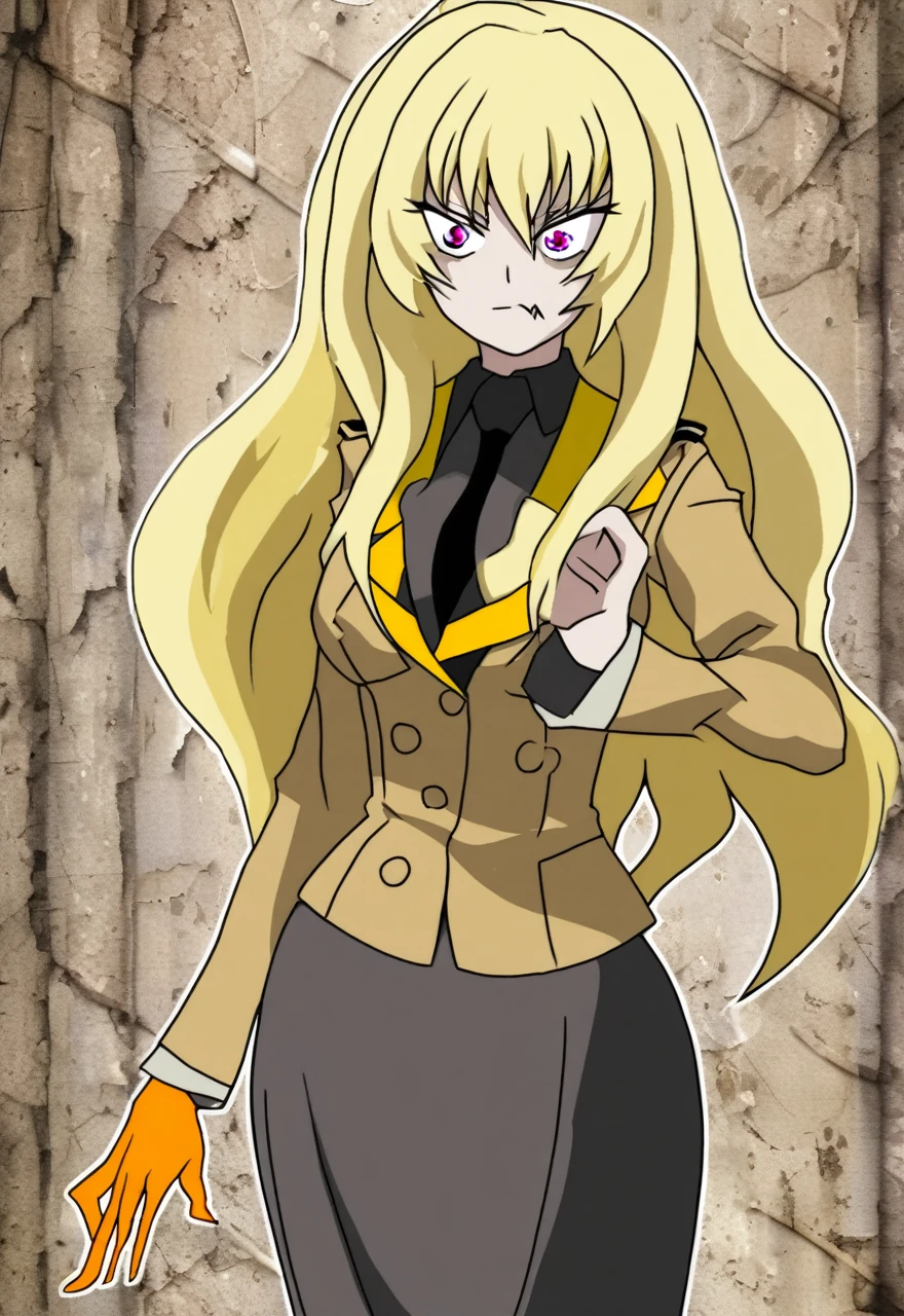 Make a old evil military blonde anime woman in a dark skirt suit