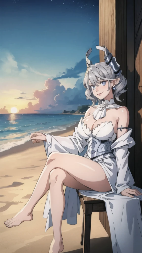 Beautiful arts wallpaper Sunset Outside castle top  High level image quality　best image quality　8K　 adult woman   silver castle outside  more colors   whole body view　portrait　 wearing pure white pirate dress  　horn    ears  　short hair（（shortcut）（gray hair）（perm）（fluffy））　eye color is blue ,  , 　attractive evil face , smile   ,  beach   ,  labrynth       , barefoot , teasing with her breast,   , sitting with crossed legs  , waves