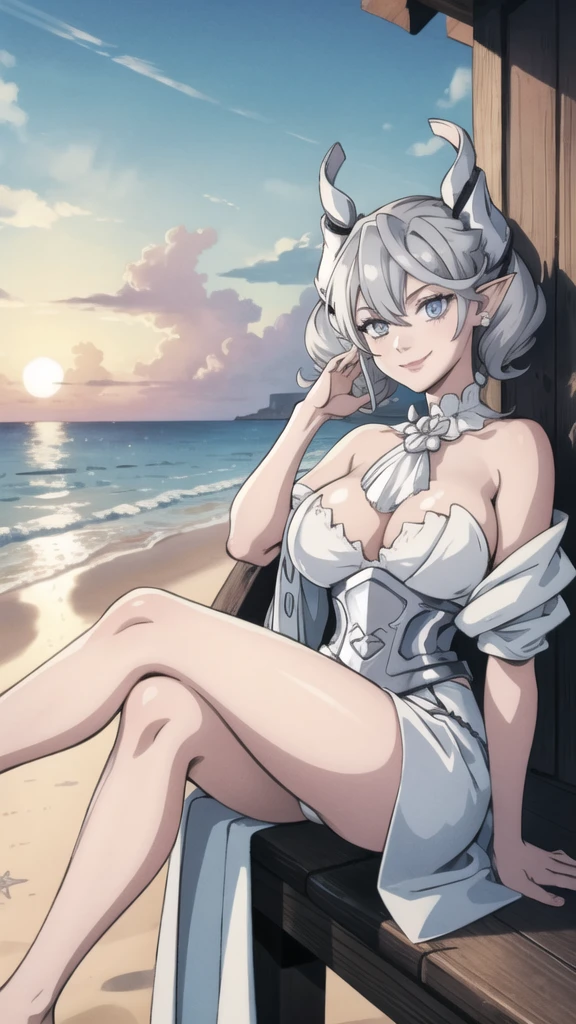 Beautiful arts wallpaper Sunset Outside castle top High level image quality best image quality 8K adult woman silver castle outside more colors whole body view portrait wearing pure white pirate dress horn ears short hair((shortcut)(gray hair)(perm)(fluffy)) eye color is blue , , attractive evil face , smile , beach , labrynth , barefoot , teasing with her breast, , sitting with crossed legs , waves
