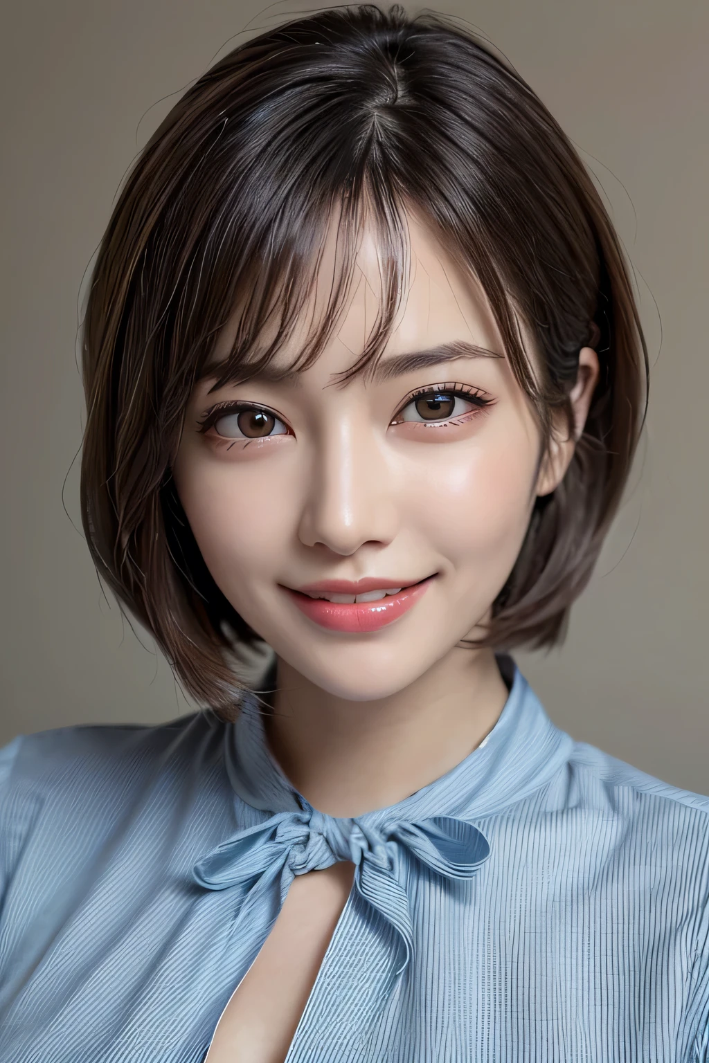 ((masterpiece)), ((Highest quality)), ((Complex)), ((Surreal)), (Realistic), (Mature Woman), ((There are no classes)), Very detailed, (1 female), Beautiful and exquisite, (Beautiful Teeth), Grin, Brunette Bob Hair, Brown eyes, ((blouse)), (Upper Body), (background:none), Perfect Eyes, Captivating eyes, Looking at the audience
