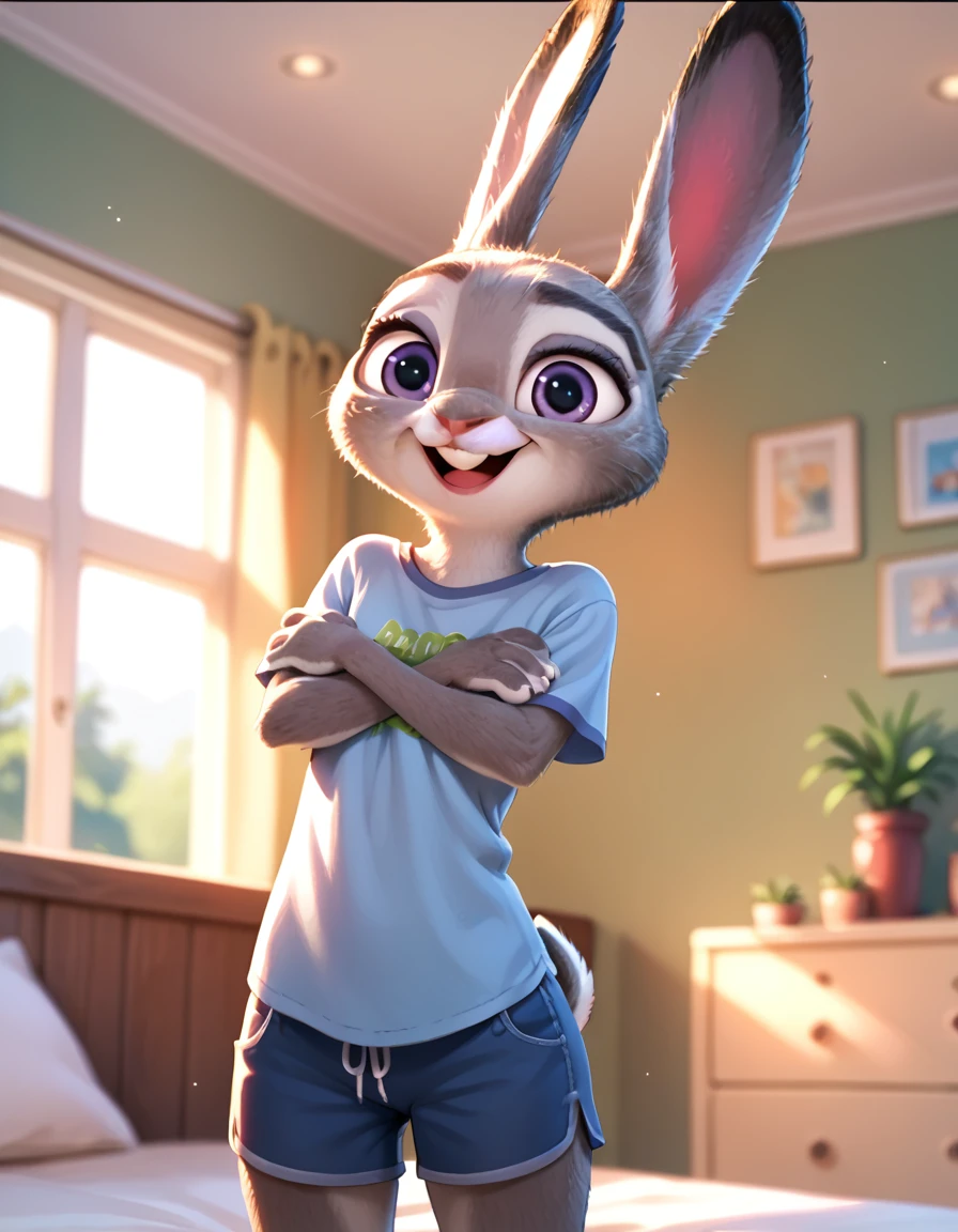 score_9, score_8_up, score_7_up, score_6_up, source_furry, judyhopps happy, light, morning , backlighting, solo, mixed colors shirt, Shorts, arms crossed, front view, portrait 