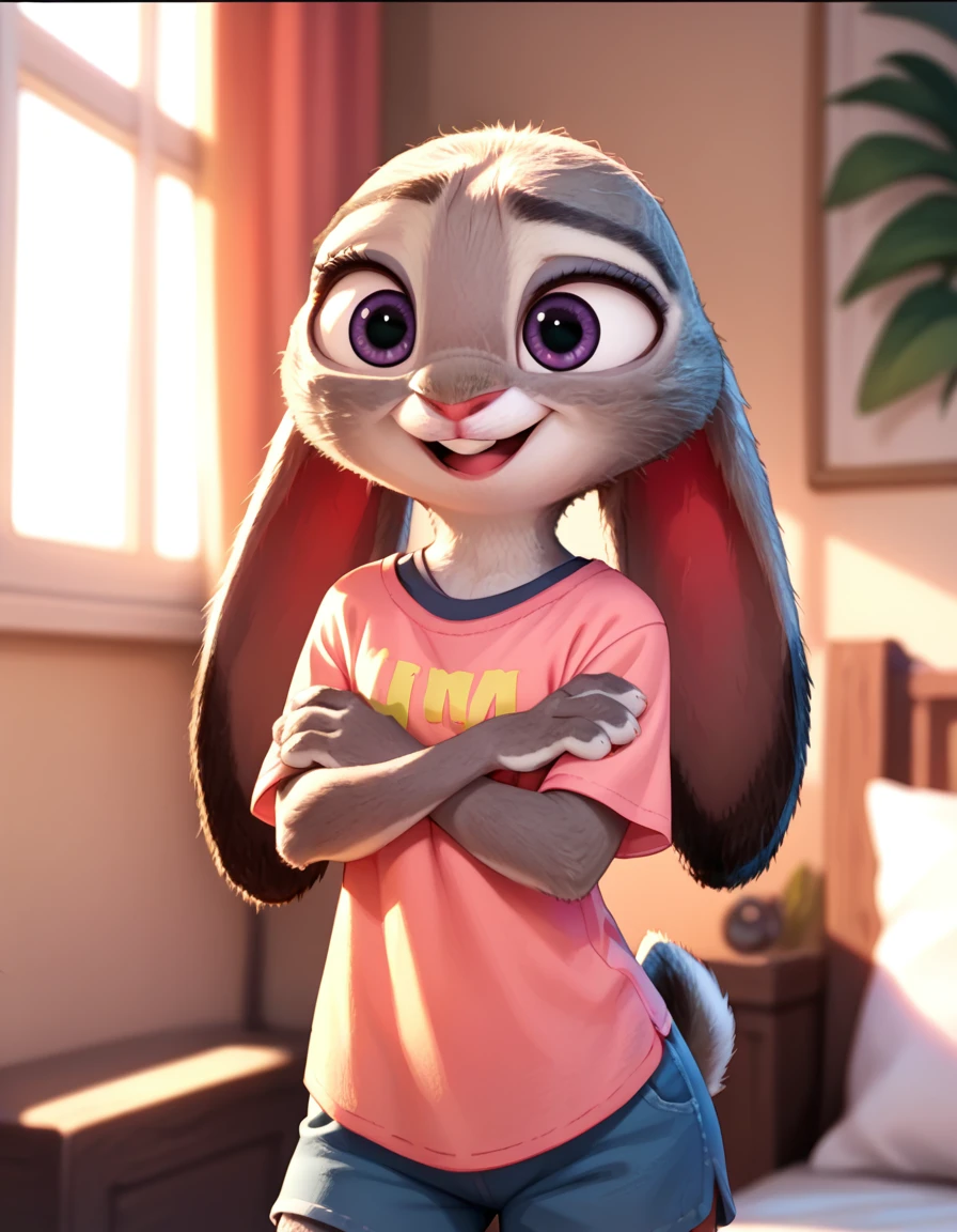 score_9, score_8_up, score_7_up, score_6_up, source_furry, judyhopps happy, light, morning , backlighting, solo, mixed colors shirt, Shorts, arms crossed, front view, portrait 