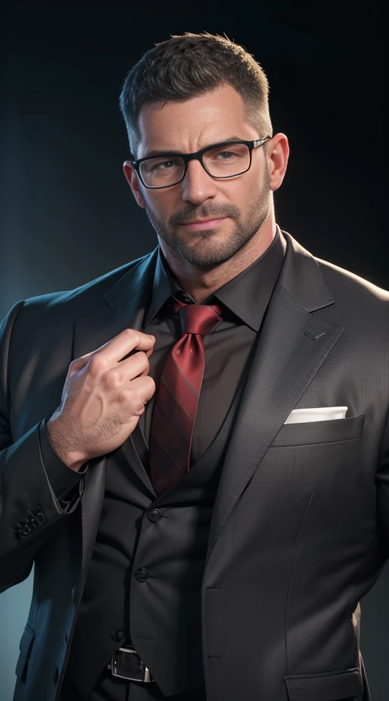 An award-winning original photo,A wild muscular man, (40 years old daddy:1.1), 1boy, Solo, (black suit), (white dress shirt), (red print necktie), (big shoulders), musculature, stubbles, Short beard, Beautiful eyes:1.3, ), (Detailed face:1.3), wearing glasses, smiles, Dynamic Angle, volumetric lighting, (Best quality, A high resolution, Photorealistic), Cinematic lighting, Masterpiece, RAW photo, Intricate details, hdr, depth of field, upper body shot