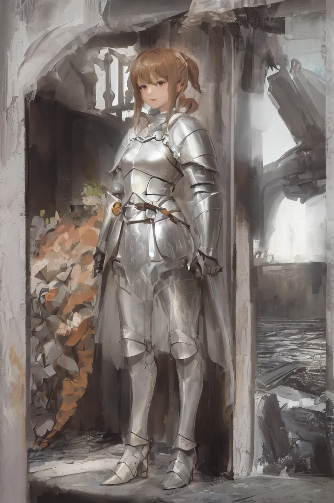 asuna, asuna_(sao), (1girl,solo) ,fantasy, highres, 19 yo,  original, (wear in a sheath on waist:1.3), smile, (white knight wizard long cape:1.5), short hair, medium breasts, looking at viewer, bangs ,detailed hazel brown eyes, beautiful background, ((morning sun,Western-style private room)), hands on the chest,(brown hair,short ponytail:1.5), (platinum knight wizard full armor:1.55),short hair, standing,straight-on, abec,(full body:1.1), white thighhighs,(abec:1.4),
