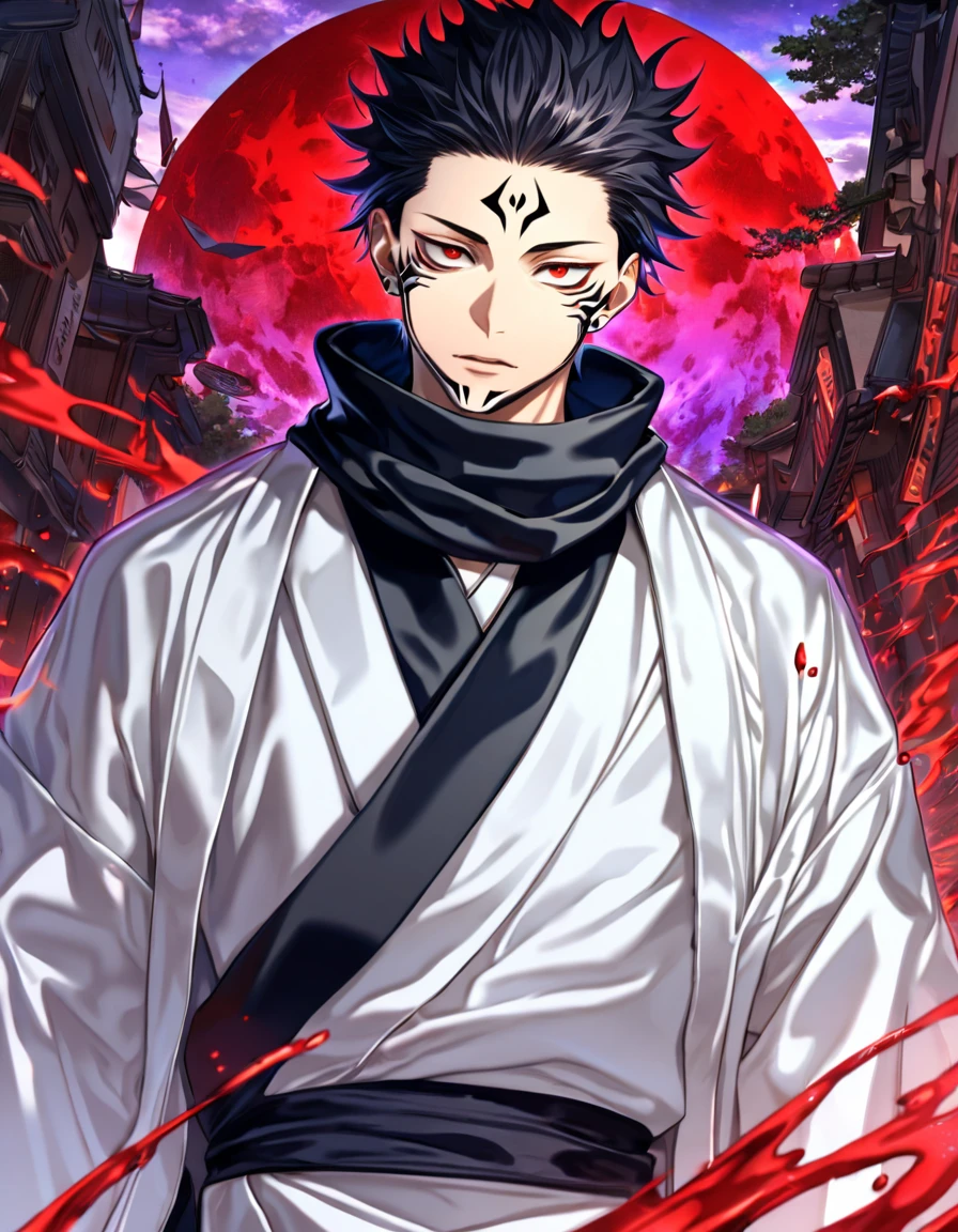 absurdres, highres, ultra detailed, HDR, masterpiece, best quality, Ryomen Sukuna, black hair, expressive red eyes, Jujutsu Kaisen, solo, sexy man, handsome, black scarf, white kimono, red blood water, purple moon, magical