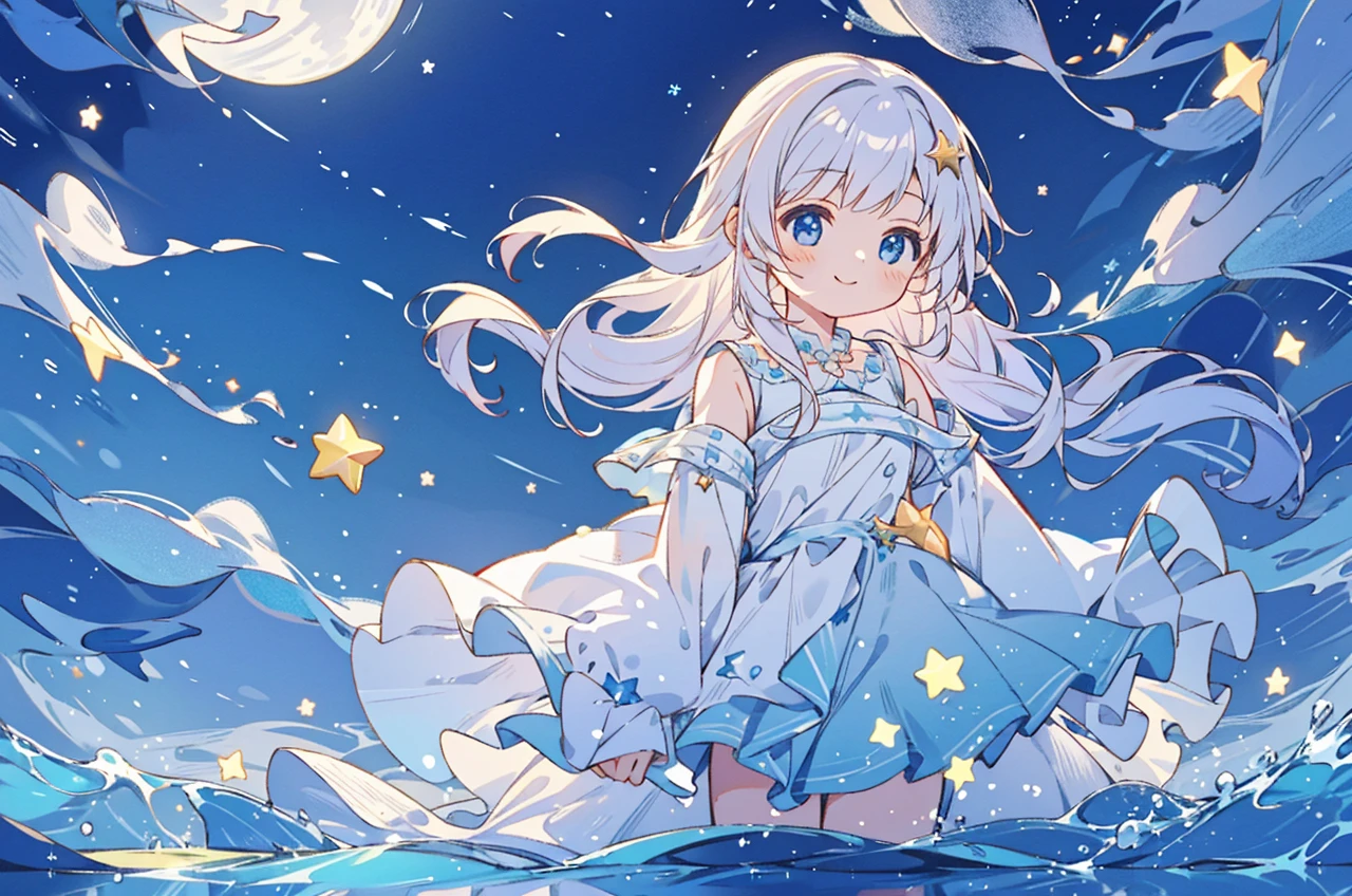 an ocean of stars, night sky, colorful, ethereal, charming girl, walking on the water, Her smile was filled with tenderness and joy, giant crescent white moon dipping into the water in the background, magical, whimsical, dreamscape, dreamy, fantasia, fantasy
