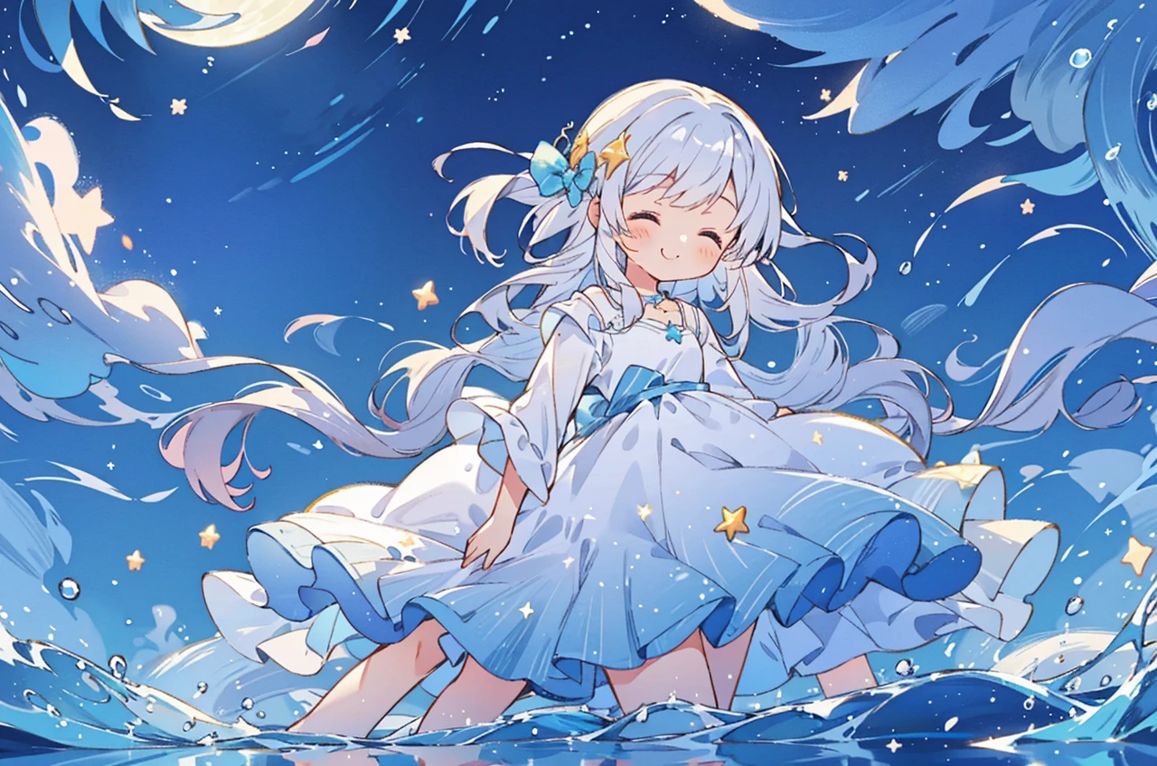 an ocean of stars, night sky, colorful, ethereal, charming girl, walking on the water, Her smile was filled with tenderness and joy, giant crescent white moon dipping into the water in the background, magical, whimsical, dreamscape, dreamy, fantasia, fantasy