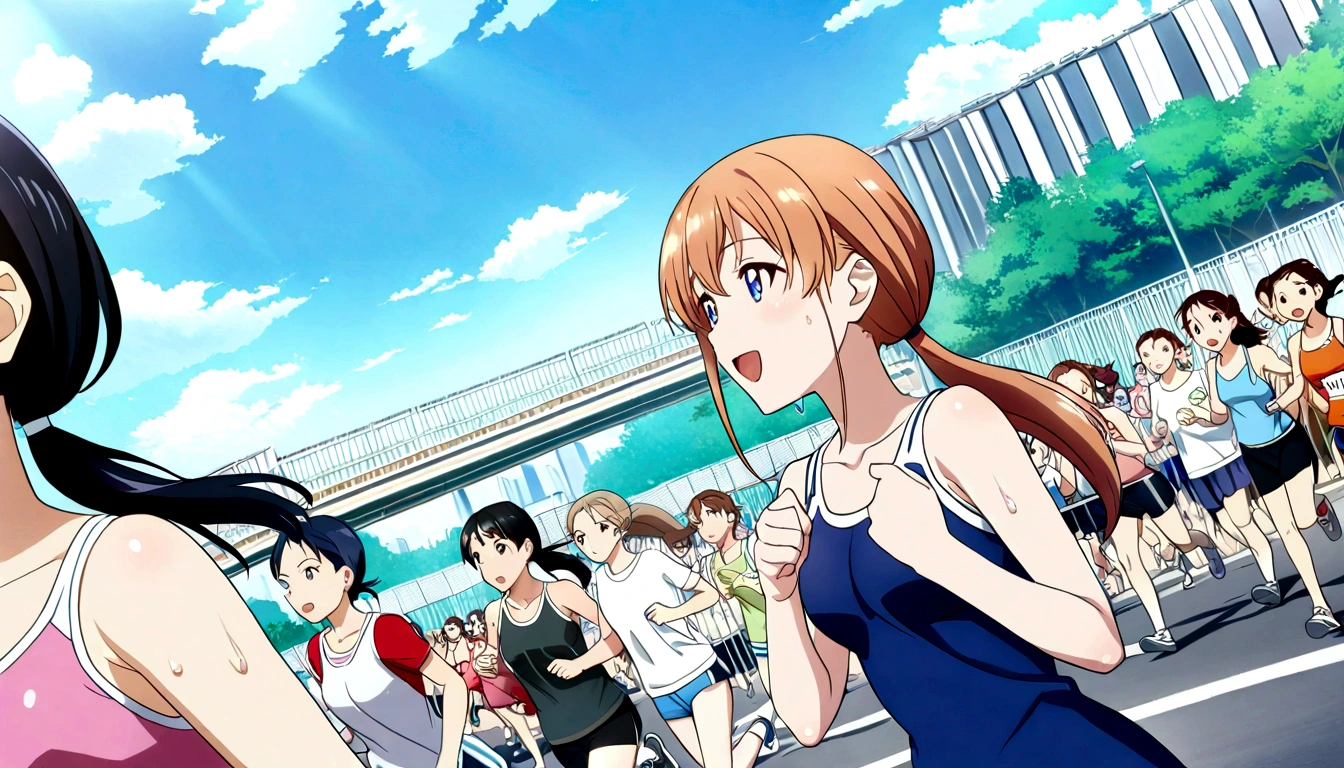 score 9, source anime, wide shot, multiple girls, Women marathoners running on the road while the roadside is packed with spectators, dynamic angle, perfect face, playful expression, low ponytail, sweat, outdoor, blue sky, shiny day, dramatic lighting, cinematic, best quality, 8k, masterpiece, ultra-detailed,