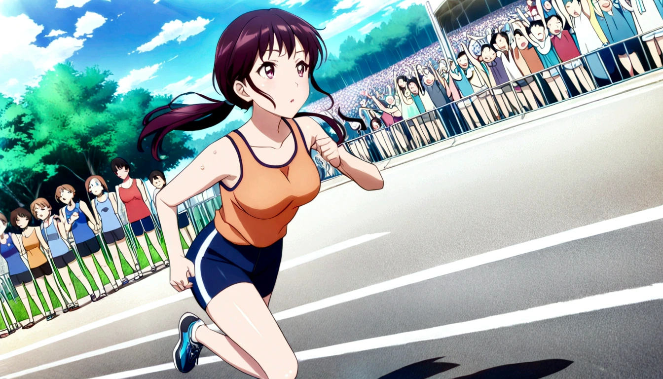 score 9, source anime, wide shot, multiple girls, Women marathoners running on the road while the roadside is packed with spectators, dynamic angle, perfect face, playful expression, low ponytail, sweat, outdoor, blue sky, shiny day, dramatic lighting, cinematic, best quality, 8k, masterpiece, ultra-detailed,