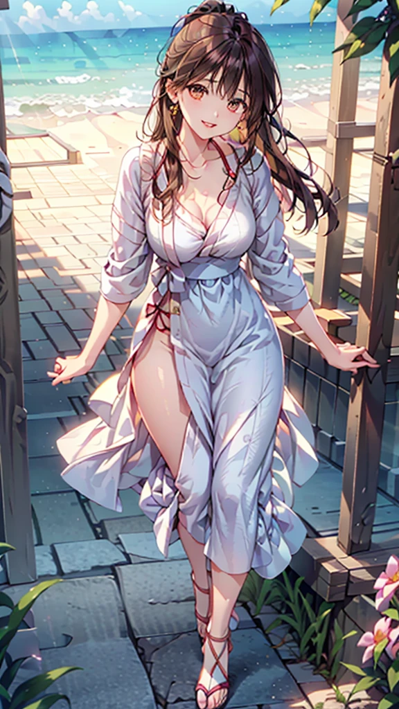 (masterpiece:1.2, Highest quality), (Realistic, photoRealistic:1.4), Beautiful illustrations, (Natural Side Lighting, Cinema Lighting), Browsing Caution,
View your viewers, 1 Girl, Japanese, Beauty、30 years old, Perfect Face, Cute and symmetrical face, Shiny skin, (Perfect Anatomy, Anatomically correct, Highly detailed skin)、
(Medium Hair, Black Hair、ponytail), Swept-apart bangs, Dark brown eyes, Droopy eyes, Long eyelashes, (Large Breasts:0.7), Slim body,
Beautiful Hair, Beautiful Face, Beautiful attention to detail, Beautiful clavicle, Beautiful body, Beautiful breasts, Beautiful thighs, Beautiful feet, Beautiful fingers,
(Floral long dress), Sandals、Earrings:0.2、necklace:0.5、
(Beautiful views,summer), Ocean, (beach)、 Are standing, (smile, Open your mouth a little),