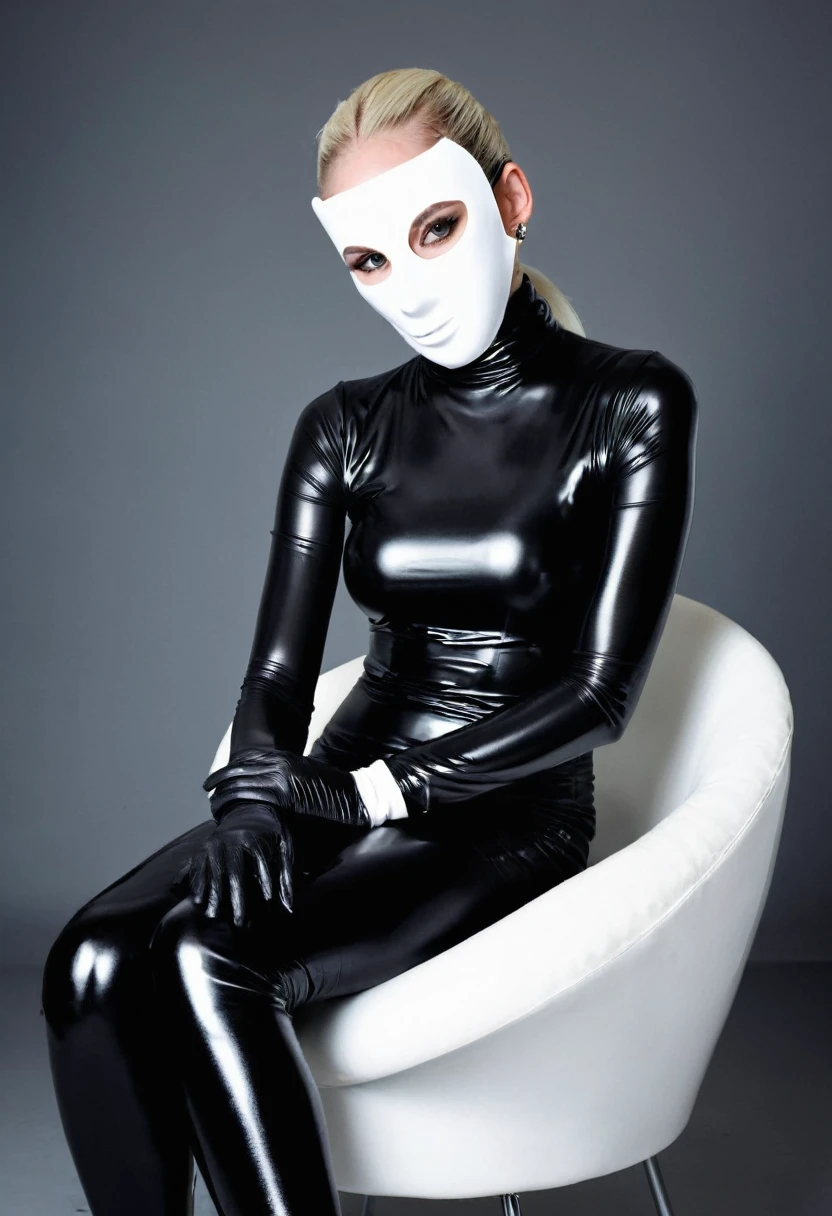 Very thin woman. Wearing a in a white full-face mask, made of papier-mache. all over his face. no face. She is wearing shiny black latex. Shiny steel bracelets on top of black gloves. and Shiny steel bracelet necklaces are on her wrists. Black latex. Sitting on a chair. steel collar.