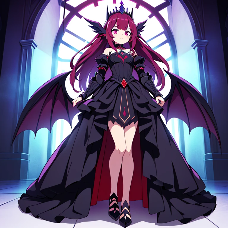 Full body, beautiful eyes , 1 girl , full body , cute girl , anime style , cute eyes , (standing up) , (Corruptangle has a humanoid form with an imposing stature. Its wings, once gleaming and pristine, are now dulled and marred with dark streaks, giving them a foreboding appearance. Its eyes, once filled with a gentle light, now glow with a cold, menacing red. Corruptangle's armor-like body is a blend of dark steel and shadow, with intricate, almost runic patterns that pulse with an eerie energy. ) (ball gown) , crown , hidden legs ,( princess) , (ballgown covers legs),