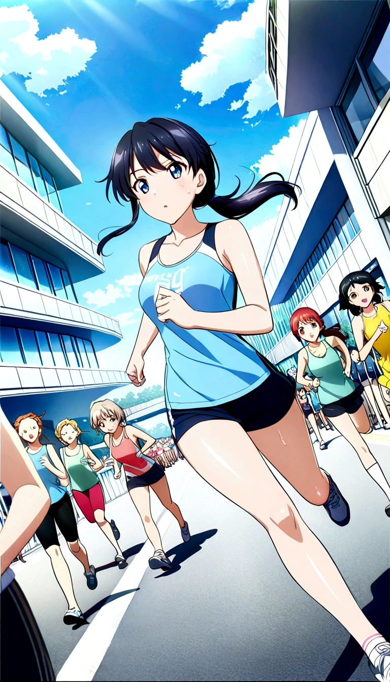 score 9, source anime, wide shot, multiple girls, Women marathoners running on the road while the roadside is packed with spectators, dynamic angle, perfect face, playful expression, low ponytail, sweat, outdoor, blue sky, shiny day, dramatic lighting, cinematic, best quality, 8k, masterpiece, ultra-detailed,