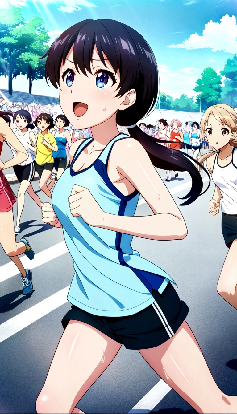 score 9, source anime, wide shot, multiple girls, Women marathoners running on the road while the roadside is packed with spectators, dynamic angle, perfect face, playful expression, low ponytail, sweat, outdoor, blue sky, shiny day, dramatic lighting, cinematic, best quality, 8k, masterpiece, ultra-detailed,