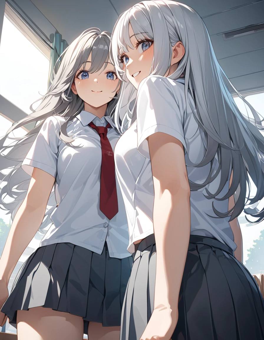 8K, Highest quality, masterpiece, Wallpapers by Unity 8K, School classroom、(One Girl) , 、 Perfect detail, (Best lighting) , (非常にComplexディテール)、(One Girl),cute、Big eyes、masterpieceサイドライト、masterpiece、Highest quality、detailed、High resolution illustrations)、(((Silver Hair))),(Her hair color is a blue-gray gradient), Semi-long hair, 非常にdetailed, Complex,smile、Larger breasts、High School Uniform, {White dress shirt、Red tie、Short sleeve、Grey pleated skirt}, from behind, from below