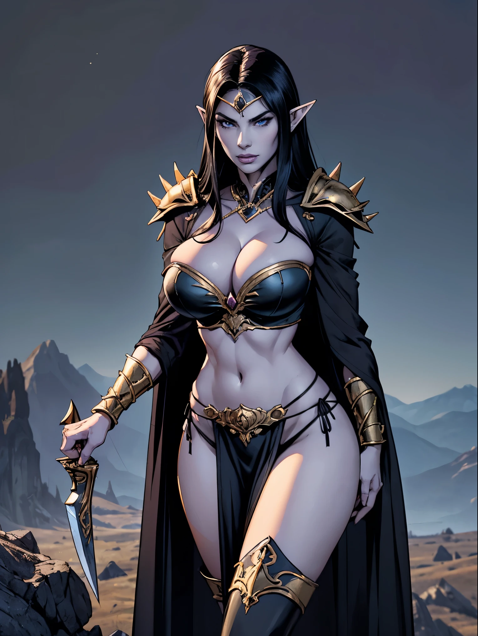 (masterpiece, top quality, best quality, official art, beautiful and aesthetic:1.2), (1girl:1.3), ((Sharp facial features, sharp features, hawkish features)), ((big hair, long elf ears, long black hair)), (((pale purple skin, pale blue skin, blue skin, purple skin))), big tiddy dark elf girl, extremely detailed, portrait, looking at viewer, solo, (full body:0.6), detailed background, full-body shot, (cold night mountain theme:1.1), dark elf war dancer, (spiky winged helmet), charlatan, smirk, mysterious, swaying in mountains, skimpy attire, revealing gladiatrix costume, ebony metal, gold filigree, gold bikini, circlet, metal bikini, long boots, dual knives, blood red fabric, pelvic curtain, loincloth, black leather, ((((gigantic breasts, cleavage, skindentation, long legs, pelvic curtain)))), cute belly button, toned tummy, slim waist, slim hips, long legs, medieval (mountain exterior:1.1) background, dark mysterious lighting, shadows, magical atmosphere, dutch angle