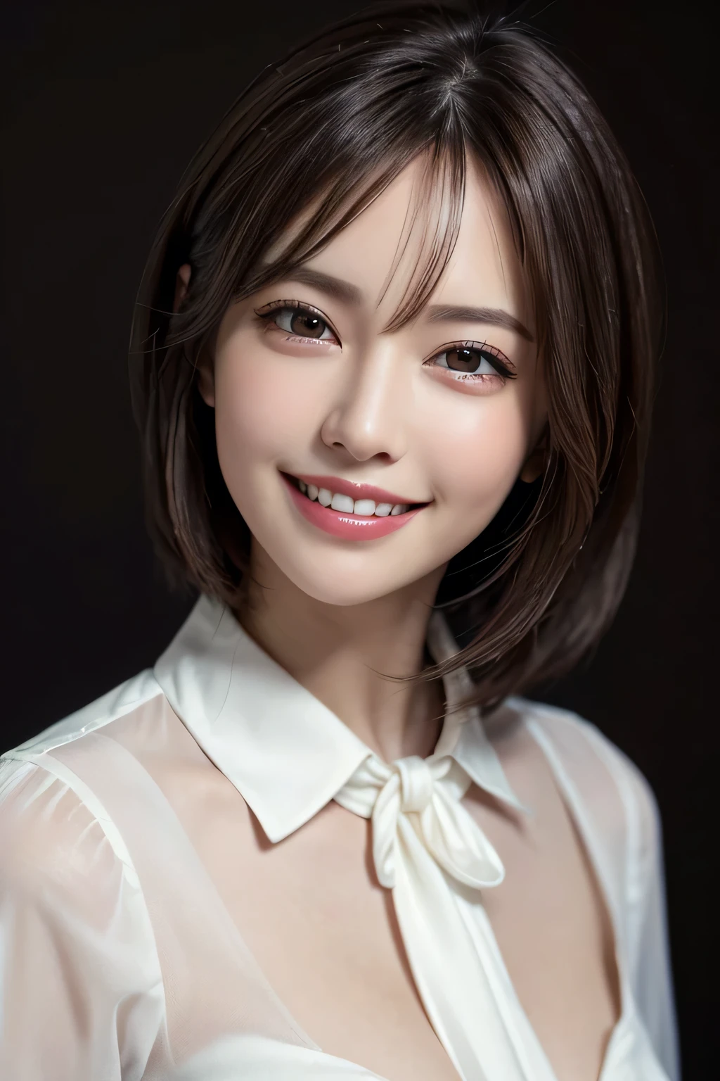 ((masterpiece)), ((Highest quality)), ((Complex)), ((Surreal)), (Realistic), (Mature Woman), ((There are no classes)), Very detailed, (1 female), Beautiful and exquisite, (Beautiful Teeth), Grin, Brunette Bob Hair, Brown eyes, ((blouse)), (Upper Body), (background:none), Perfect Eyes, Captivating eyes, Looking at the audience