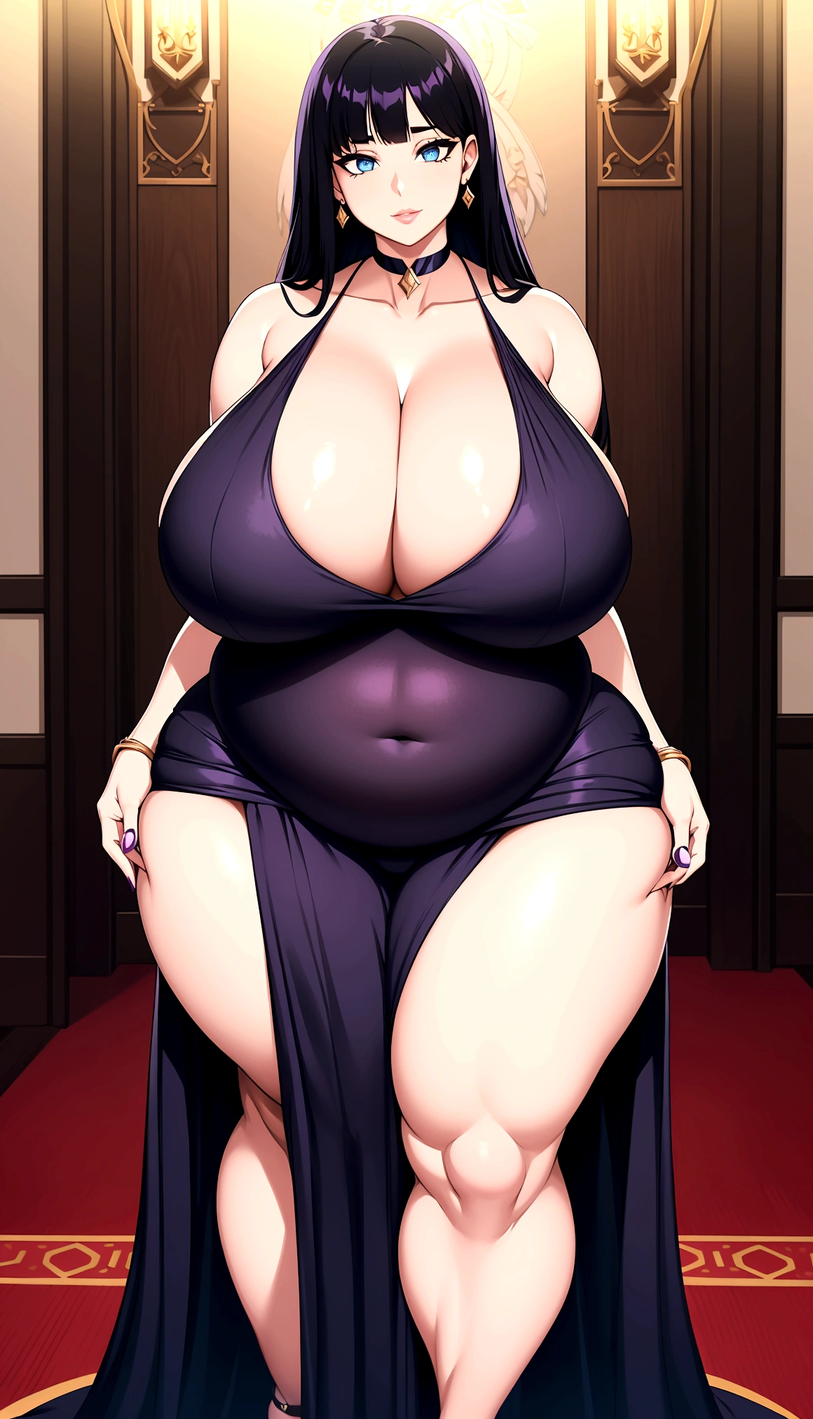 ((high aesthetic)), art by kipteitei, absurdres, absurd resolution, highly rated, highres, art by kipteitei, high resolution, best quality, masterpiece, full body, (facing viewer), 1girl, ((solo)), indoors, clothed, perfect face, perfect eyes, neneneji, tight outfit, smile, natural skin texture, 4k textures, hdr, intricate, highly detailed, puffy lips, thick lips, hyperdetailed, mature female, black hair, long hair, straight hair, bangs, parted bangs, blue eyes, purple dress, jewelry, weightimmobile(wide hips, bloated belly, massive thighs, big breasts, gigantic belly, gigantic ass), bottomheavy, plump, obese