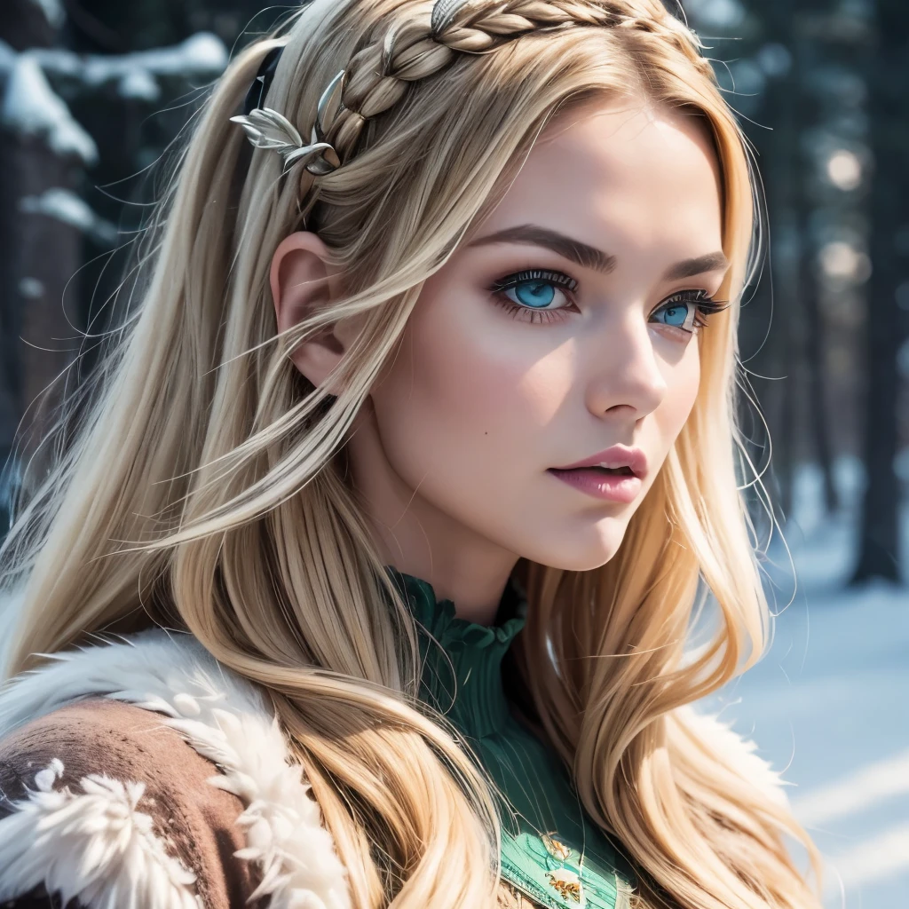 vintage style fantasy, masterpiece, magnificent art, best quality, 1girl, close-up girl nordic princess, Scandinavian mountains, winter weather, symmetrical and hyper detailed face, silky skin like peach silk, vibrant and aggressive green eyes, white and messy hair up to the waist, sculptural body, (sparks: 0.7), Adobe Illustration, Trand on Artstation, 8K, hd, UHD, cold and soft lighting,  --q 500 --s 100, -