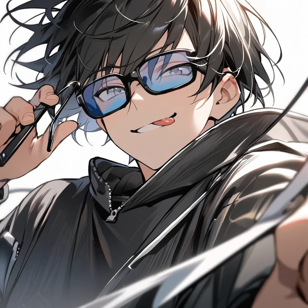 1 young boy, Bblack hair, gray eyes, black leather sweatshirt, white undershirt, sunglasses,he holding the tip of his glasses, corner smile, showing the tongue, tilted face, White background, dynamic angle 