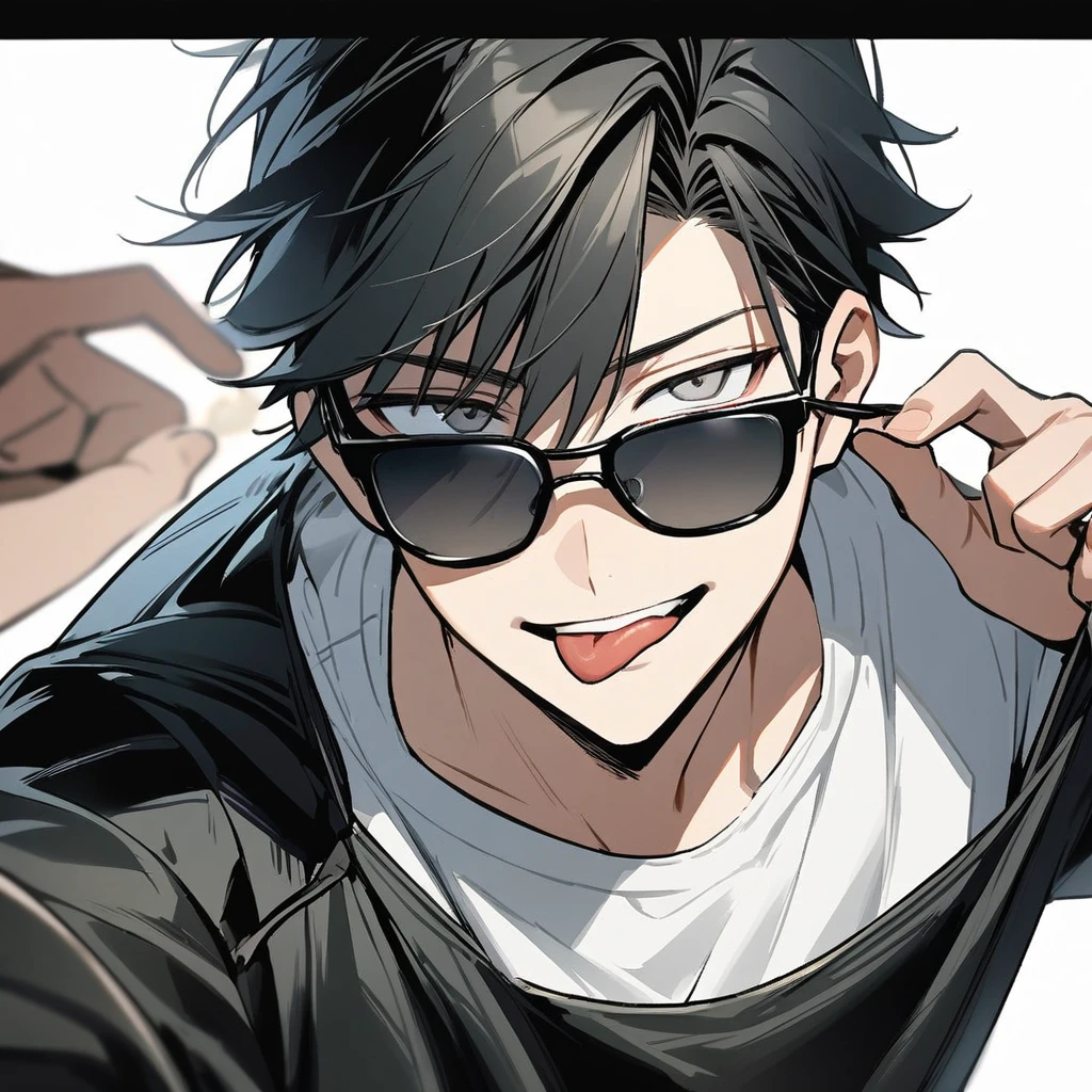 ****ung boy, Bblack hair, gray eyes, black leather sweatshirt, white undershirt, sunglasses,he holding the tip of his glasses, corner smile, showing the tongue, tilted face, White background, dynamic angle 