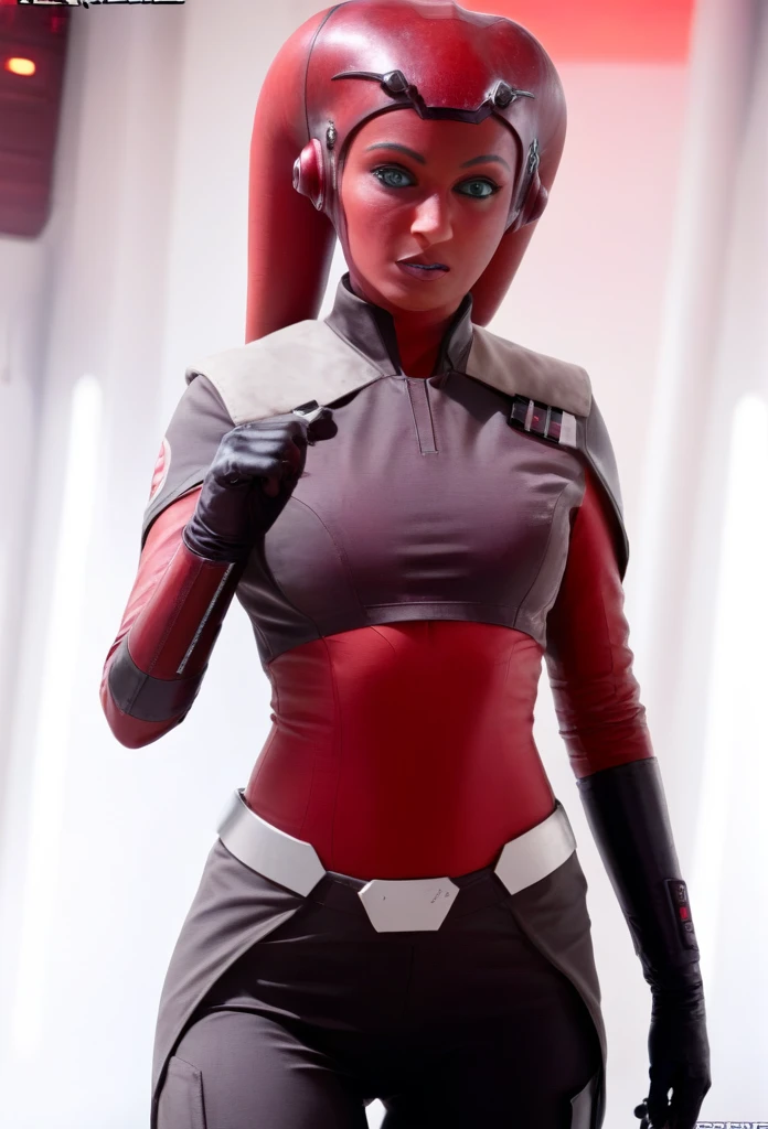 score_9, score_8_up, score_7_up, score_6_up, 2d, rating_questionable, rating_safe, BREAK ((green skin)) Female Twi'lek (((hera syndulla ))), helmet with red visor, star wars, armor,black gloves,tight bodysuit,black cape,black pants, close up, solo, standing, front view, medium breasts, wide hips, holding lightsaber, double edged, action pose, red blade, indoors, sith base, science fiction,