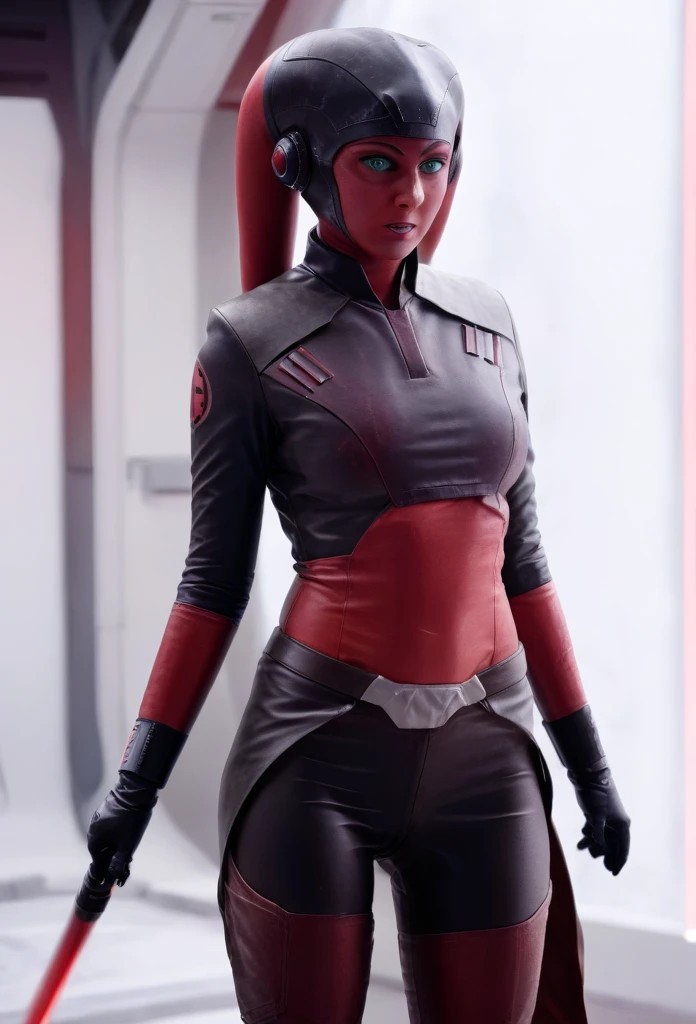 score_9, score_8_up, score_7_up, score_6_up, 2d, rating_questionable, rating_safe, BREAK ((green skin)) Female Twi'lek (((hera syndulla ))), helmet with red visor, star wars, armor,black gloves,tight bodysuit,black cape,black pants, close up, solo, standing, front view, medium breasts, wide hips, holding lightsaber, double edged, action pose, red blade, indoors, sith base, science fiction,
