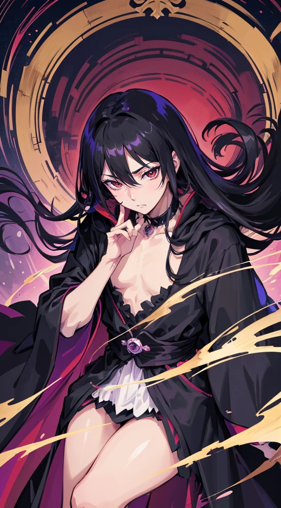 Anime - style image of a man in a Gothic costume, ((wearing a noble robe)), Wearing a black robe, A delicate androgynous prince, Beautiful male grim reaper, Beautiful androgynous prince, Wearing a black aristocratic suit, Dark Glamorous Royal Robe, wearing black clothes and cape, 金色のアクセントが付いたWearing a black robe, Royal Costume Akira, with cape、Red eyes、Expressionless