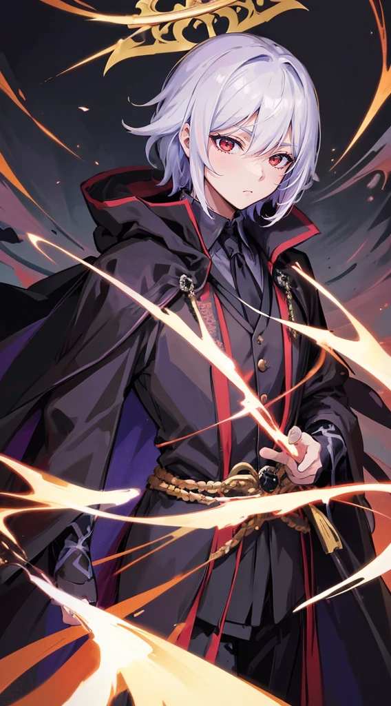 Anime - style image of a man in a Gothic costume, ((wearing a noble robe)), Wearing a black robe, A delicate androgynous prince, Beautiful male grim reaper, Beautiful androgynous prince, Wearing a black aristocratic suit, Dark Glamorous Royal Robe, wearing black clothes and cape, 金色のアクセントが付いたWearing a black robe, Royal Costume Akira, with cape、Red eyes、Expressionless