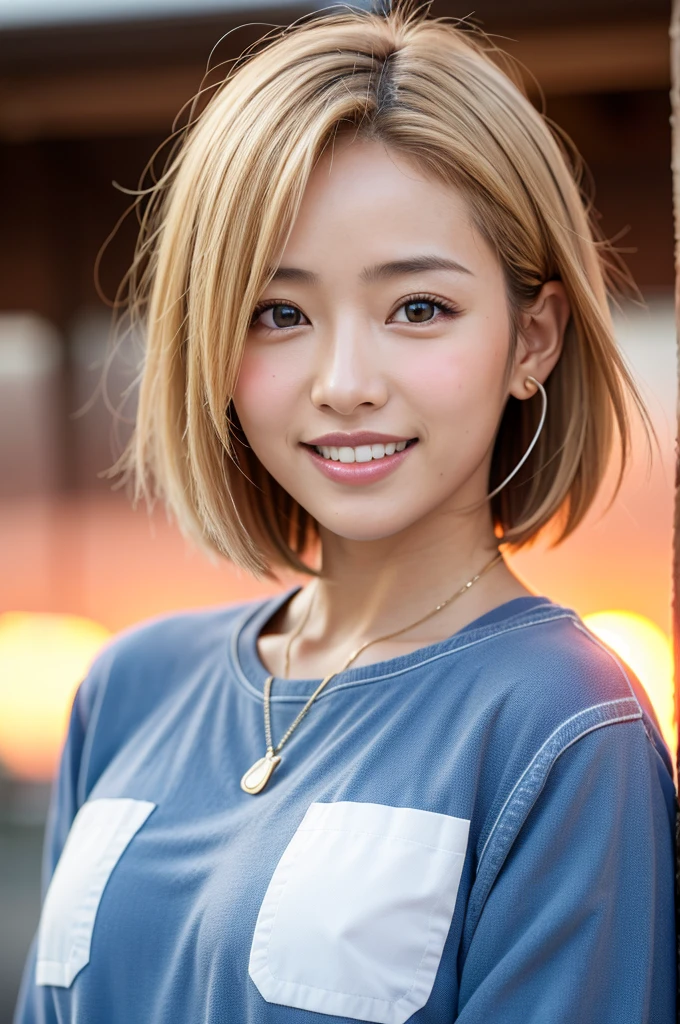 Highest quality,a girl, one girl,solo focus,alone,4K,8K,Realistic,Japanese women,一人のJapanese women,26 years old,Gal,Charm,Beautiful eyes,smile,smaile,teeth,short blonde hair,Large Breasts,healthy,positive,Very detailed,Casual Style,sexy,The background is a sunset