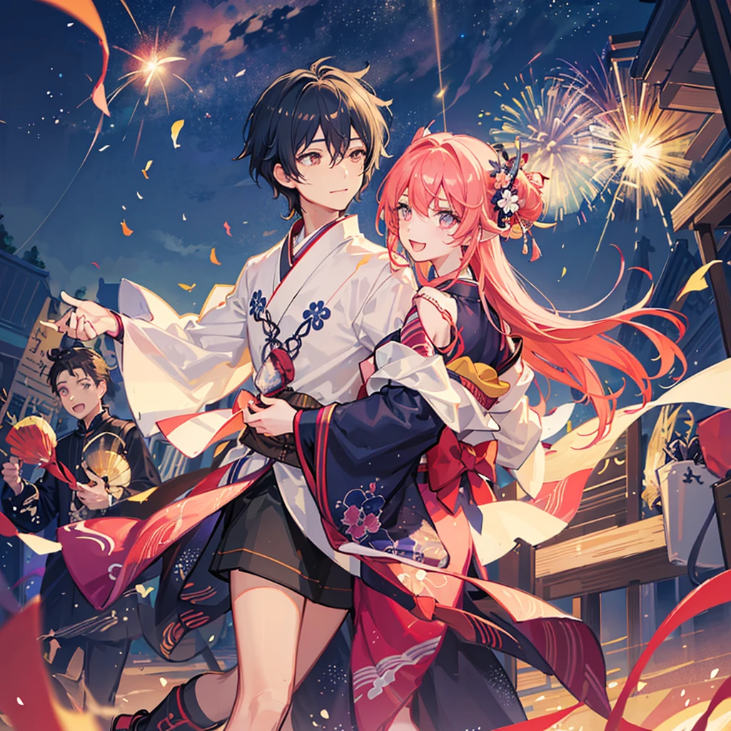 Couple,(Boy 1:Girl 1)Lovely,Date,Love love,smile,Fleeting,romantic,atmosphere,landscape,firework,Night Sky,たくさんのfirework,summerfestival,turn around,Girl is wearing a kimono,Hand in hand,Night Skyに美しいfirework,たくさんのfirework,綺麗なNight Sky,summer,festival,Young people,Throb
