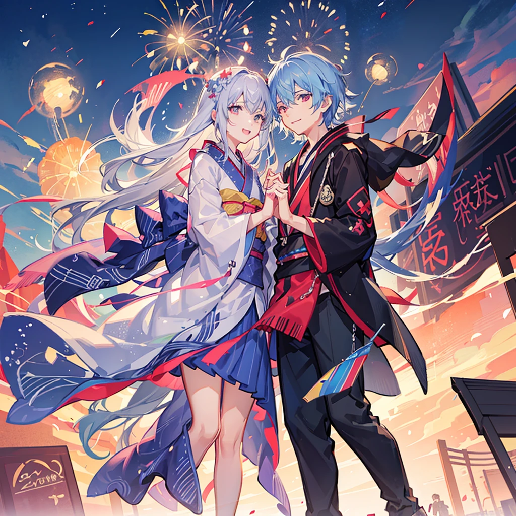 Couple,(Boy 1:Girl 1)Lovely,Date,Love love,smile,Fleeting,romantic,atmosphere,landscape,firework,Night Sky,たくさんのfirework,summerfestival,turn around,Girl is wearing a kimono,Hand in hand,Night Skyに美しいfirework,たくさんのfirework,綺麗なNight Sky,summer,festival,Young people,Throb