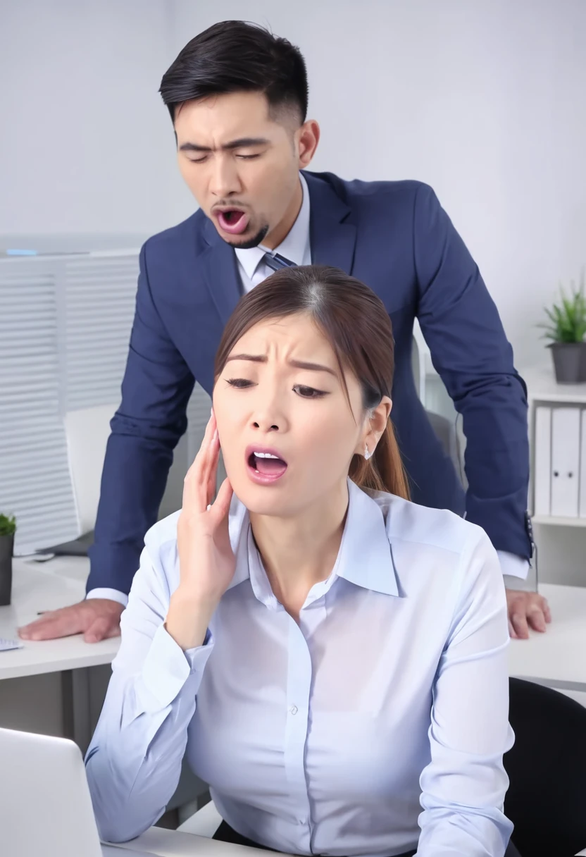 A beautiful office lady burping together with her male colleagues