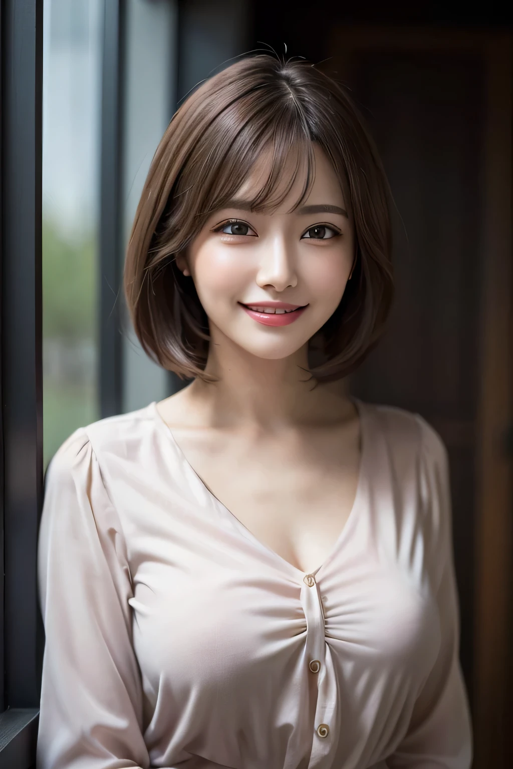 ((masterpiece)), ((Highest quality)), ((Complex)), ((Surreal)), (Realistic), (Mature Woman), ((There are no classes)), Very detailed, (1 female), Beautiful and exquisite, (Beautiful Teeth), Grin, Brunette Bob Hair, Brown eyes, ((blouse)), (Upper Body), (background:none), Perfect Eyes, Captivating eyes, Looking at the audience
