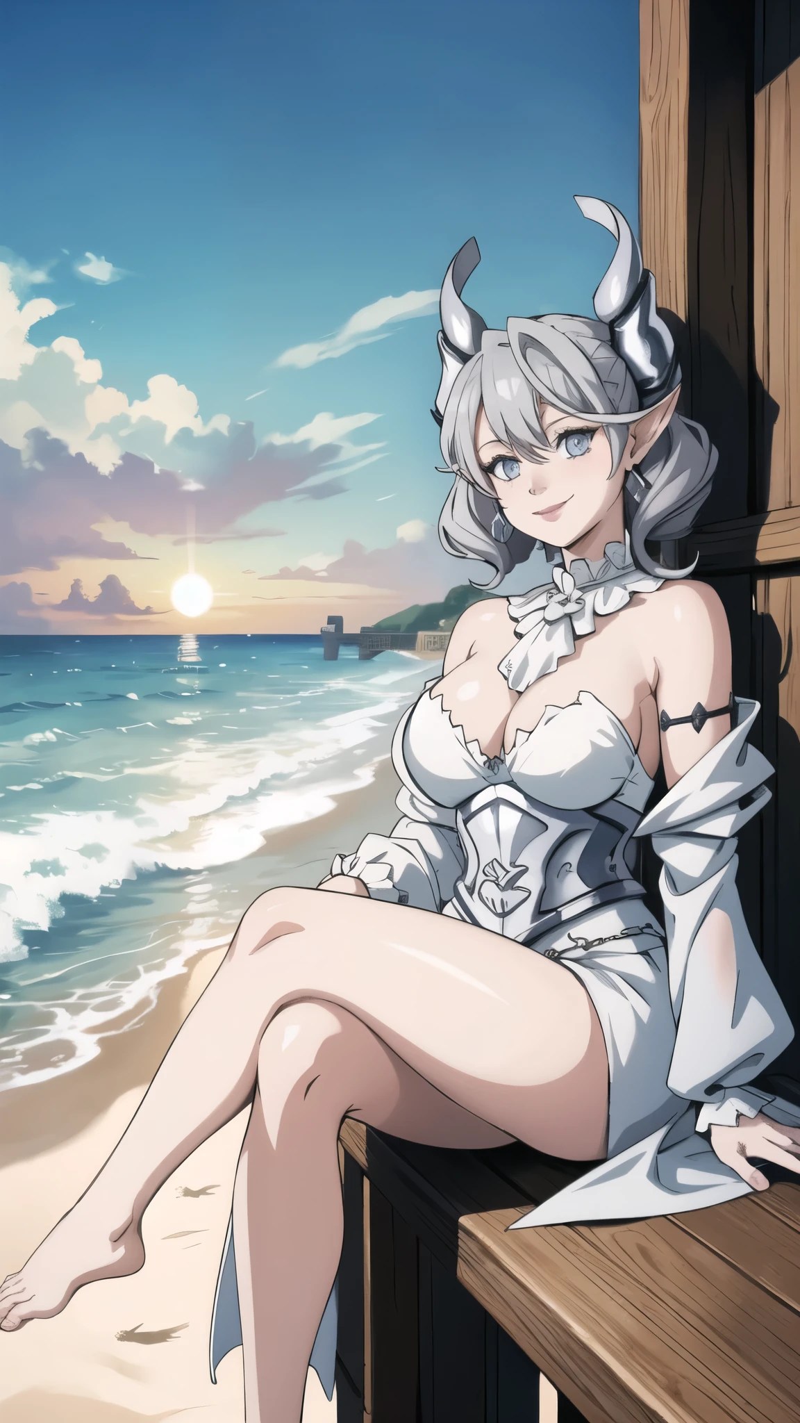 Beautiful arts wallpaper Sunset Outside castle top  High level image quality　best image quality　8K　 adult woman   silver castle outside  more colors   whole body view　portrait　 wearing pure white pirate dress  　horn    ears  　short hair（（shortcut）（gray hair）（perm）（fluffy））　eye color is blue ,  , 　attractive evil face , smile   ,  beach   ,  labrynth       , barefoot , teasing with her breast,   , sitting with crossed legs  , waves