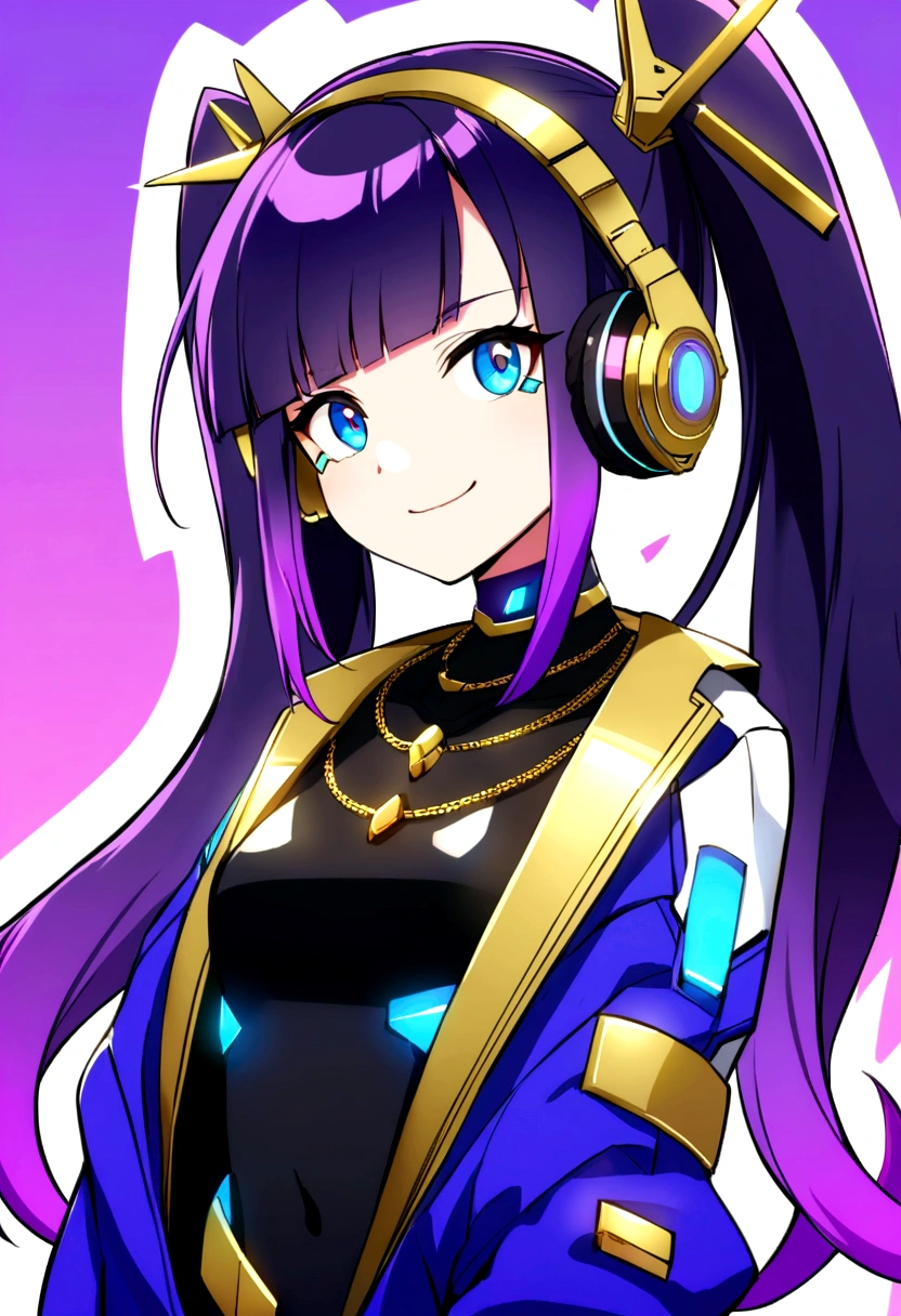 Anime cool girl with long purple hair, often in twin tails, with blue gradient tips. Vibrant blue eyes. Futuristic outfit with LED accents, typically in purple and white. Cyberpunk-style headphones. Gold accessories like necklace. Confident and friendly expression. Sleek, high-tech appearance with a mix of pop and edgy elements."