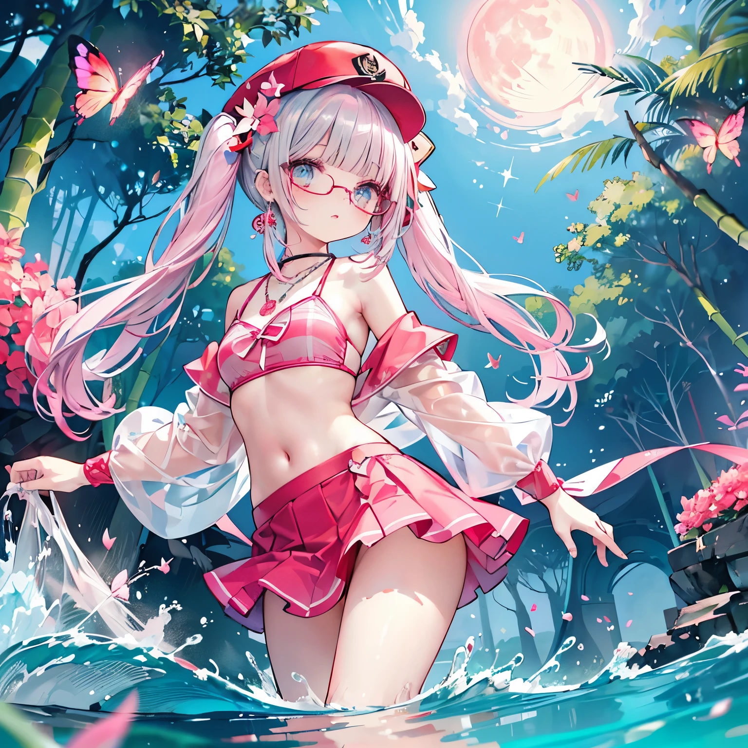 (wearing elegant red frame glasses),
(beautiful pink and green butterflies and dragonflies all over the place),colorful flowers,fantasy beams and lights,
((masterpiece:1.4, best quality)), ((masterpiece, best quality)),((beautiful pony tail red hair,beautiful green eyes,little cute girl)),wet full body, bathing in the water,water falls,water splash,lovely laugh,((sexy red ta gothic mini dress)),elegant red and white hat, ((pink and red elegant string tied summer bikini)), (Lace chalker, wristband, diamond necklace,earrings),cinematic lighting and pause,beautiful natural mysterious park,night sky,full moon,(beautiful pink and red butterflies and dragonflies all over the place),