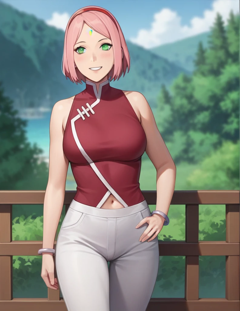 score_9,score_8_up,score_7_up, source_anime, red sleeveless,breast visible ,tight white pants, navel, blush, smile, outdoors, sakurabr, haruno sakura, 1girl, forehead mark, red hairband, mature female, slim waist breast visible, 