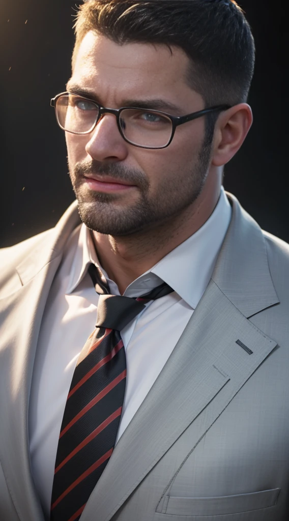 An award-winning original photo，A wild muscular man, (40 years old daddy:1.1), 1boy, Solo, (black suit), (white dress shirt), (red print necktie), (big shoulders), musculature, stubbles, Short beard, Beautiful eyes:1.3, ), (Detailed face:1.3), wearing glasses, smiles, Dynamic Angle, volumetric lighting, (Best quality, A high resolution, Photorealistic), Cinematic lighting, Masterpiece, RAW photo, Intricate details, hdr, depth of field, upper body shot