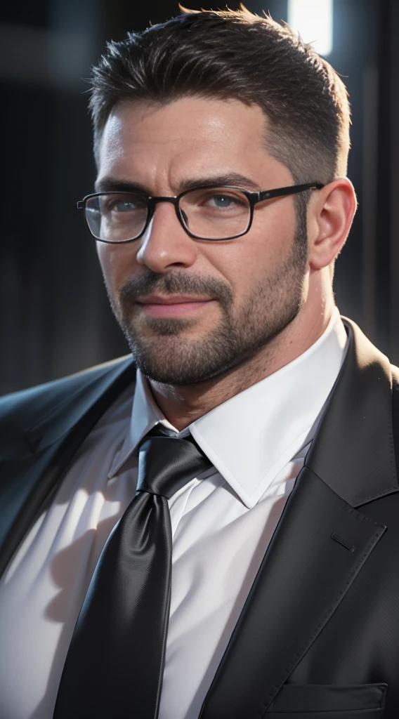An award-winning original photo,A wild muscular man, (40 years old daddy:1.1), 1boy, Solo, (black suit), (white dress shirt), (red print necktie), (big shoulders), musculature, stubbles, Short beard, Beautiful eyes:1.3, ), (Detailed face:1.3), wearing glasses, smiles, Dynamic Angle, volumetric lighting, (Best quality, A high resolution, Photorealistic), Cinematic lighting, Masterpiece, RAW photo, Intricate details, hdr, depth of field, upper body shot