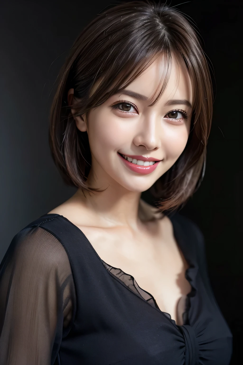 ((masterpiece)), ((Highest quality)), ((Complex)), ((Surreal)), (Realistic), (Mature Woman), ((There are no classes)), Very detailed, (1 female), Beautiful and exquisite, (Beautiful Teeth), Grin, Brunette Bob Hair, Brown eyes, ((blouse)), (Upper Body), (background:none), Perfect Eyes, Captivating eyes, Looking at the audience