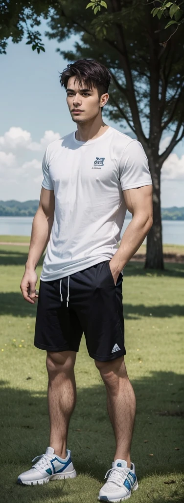 A very handsome man agged 39 yo with athletic body and fringe up hair as if a shower gel advertisement, active, clowded, standing, wearing a tshirt and casual shoes.The setting shows an open field with trees and a lake in the distance