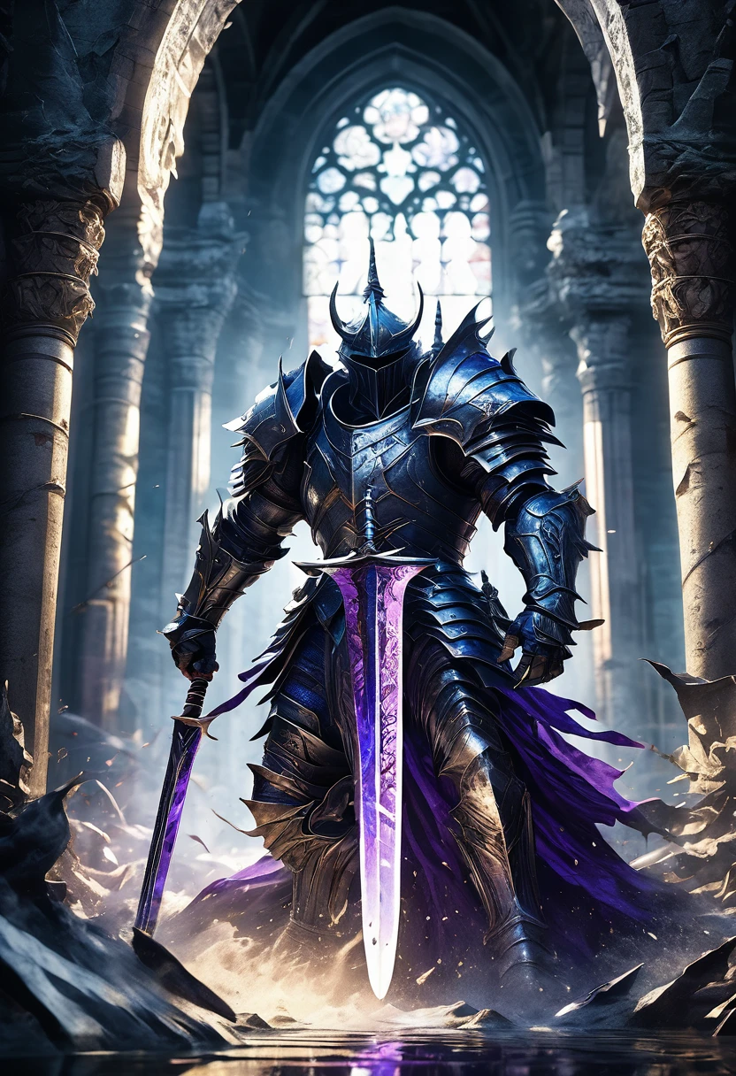 First-person perspective: armored knight wielding massive sword confronts grotesque monster in crumbling, shadowy temple. Dramatic chiaroscuro lighting emphasizes gleaming armor and beast's gnashing teeth. Cinematic composition with extreme close-ups and dynamic angles. Intricate details: etched runes on blade, monster's oozing wounds. Shafts of moonlight pierce stained-glass windows. Muted color palette: deep blues, rich purples, glinting silvers. Photorealistic 8K rendering.
```