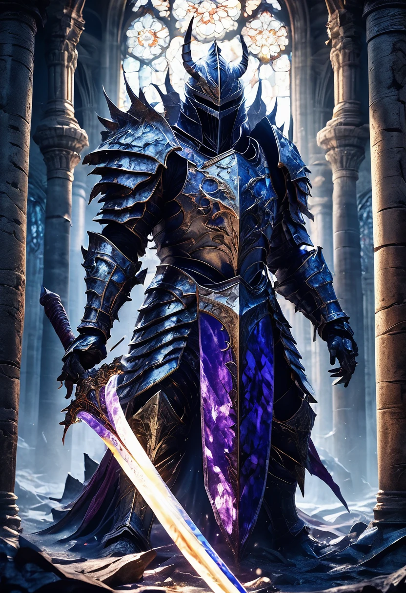 First-person perspective: armored knight wielding massive sword confronts grotesque monster in crumbling, shadowy temple. Dramatic chiaroscuro lighting emphasizes gleaming armor and beast's gnashing teeth. Cinematic composition with extreme close-ups and dynamic angles. Intricate details: etched runes on blade, monster's oozing wounds. Shafts of moonlight pierce stained-glass windows. Muted color palette: deep blues, rich purples, glinting silvers. Photorealistic 8K rendering.
```