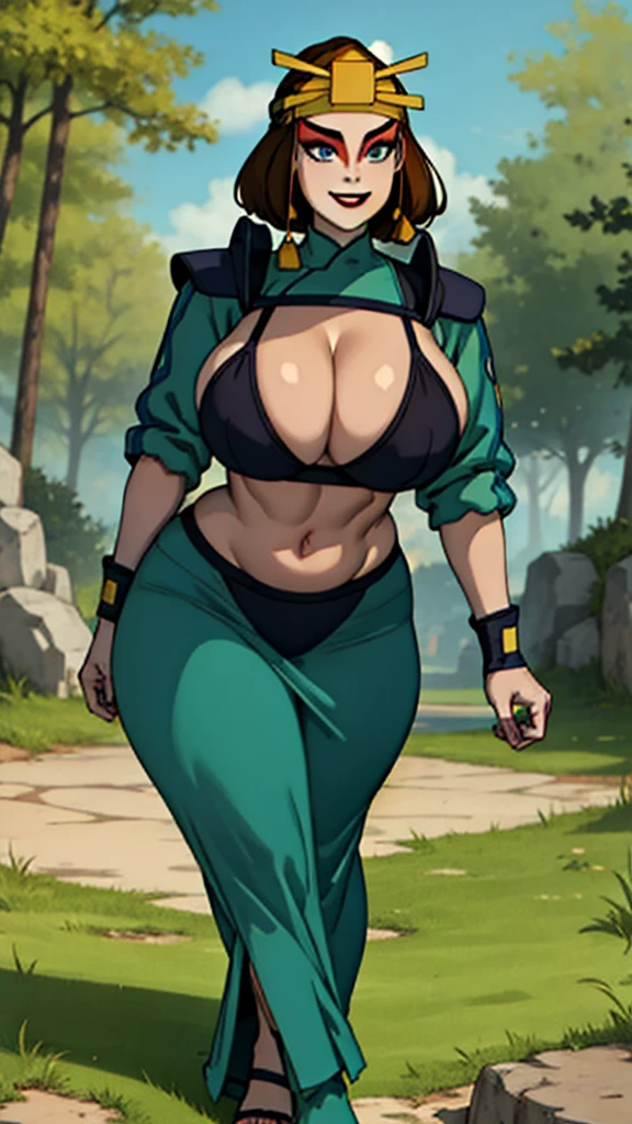 (masterpiece, best quality, high resolution: 1.4), 1 girl, simetrical, tiny black bikini and bra, front, tall woman, (masterpiece), (best quality), (ultra high resolution), 1 girl showing her feet to the camera, beautiful feet, focus on her big feet, black high-heeled sandals, legs together, feet together, facing the front, ankle-length dress, low-cut chest, THICC, bulging breasts, busty, curvy, tight, tight black bra, ultra tight clothing, huge hips, big thighs, slightly muscular, sexy, perky, excited, full of life, soft MILF (features): 1.4) Detailed face, seductive, rocks, trees, plants, brown hair, blue eyes, kyoshi warrior, makeup, lipstick, headband, green suit, smile, look at viewer, masterpiece, best quality, high quality, extremely detailed CG unity 8k wallpaper, digital illustration, trends, pastel colors, perfect fingers, perfect full body, extremely detailed.